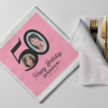 50th Birthday photo name pink black personalized Napkins<br><div class="desc">Trendy bold typography 50 years woman birthday funny personalized paper napkins template with 2 photos and modern retro style black script. Easy to customize with your text and pictures.</div>