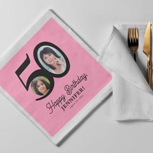 50th Birthday photo name pink black personalized Napkins