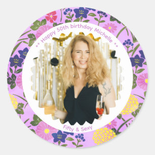 50th birthday photo name pink floral elegant classic round sticker