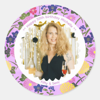 50th birthday photo name pink floral elegant classic round sticker