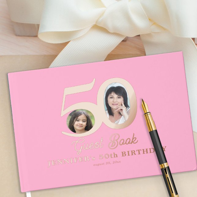 50th Birthday photo name pink rose gold Foil Guest Book (Creator Uploaded)