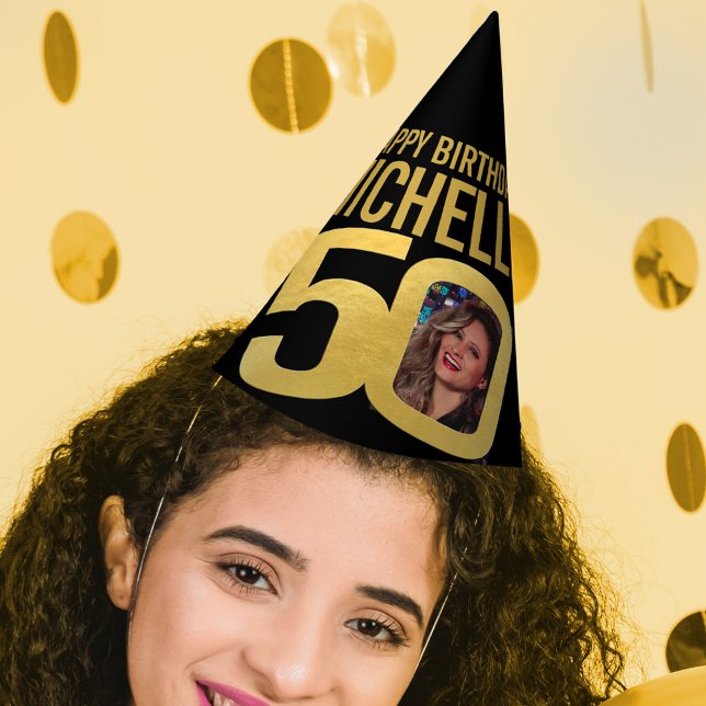 50th birthday photo personalized gold black party hat (Creator Uploaded)