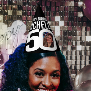50th birthday photo personalized white black party hat