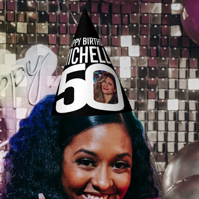 50th birthday photo personalized white black party hat (Creator Uploaded)