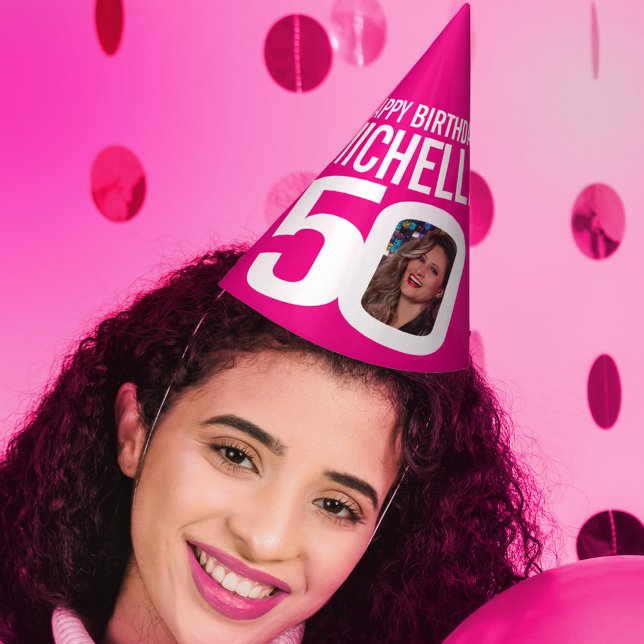 50th birthday photo personalized white hot pink party hat (Creator Uploaded)