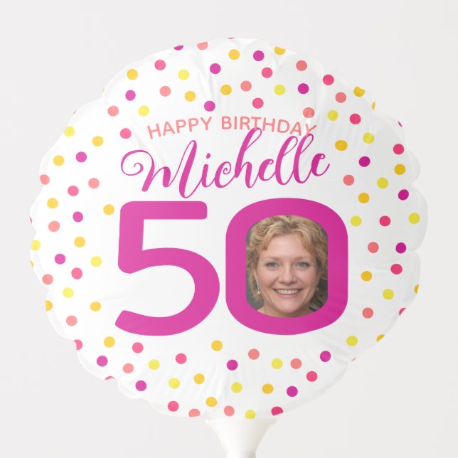 50th birthday photo pink golden yellow confetti ba balloon (Front)