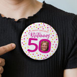 50th birthday photo pink golden yellow confetti button<br><div class="desc">Bright colorful confetti random dots birthday 50th surprise party button. In deep pink, red, coral, golden yellow and yellow on white. Add your own birthday girl's photo in the centre of the 0 in 50 and customize with your own fiftieth birthday girls name. Other matching items and milestone birthday years...</div>