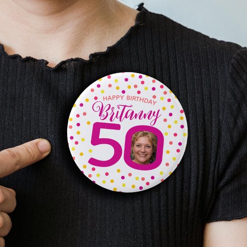 50th birthday photo pink golden yellow confetti button