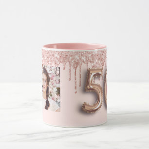 50th birthday photo pink rose gold drips mug