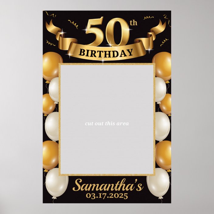 50th Birthday Photo prop Frame Gold Black Poster