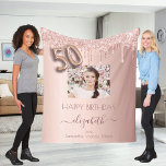 50th birthday photo rose gold glitter pink friends fleece blanket<br><div class="desc">A gift for a girly and glamorous 50th birthday from her best friends. A rose gold, pink gradient background with elegant rose gold colored faux glitter drips, paint dripping look. Personalize and add your own high quality photo of the birthday girl, and your own names. The text: The name of...</div>