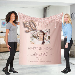 50th birthday photo rose gold glitter pink friends fleece blanket