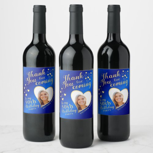 50th Birthday Photo Royal Blue and Gold Thank You Wine Label