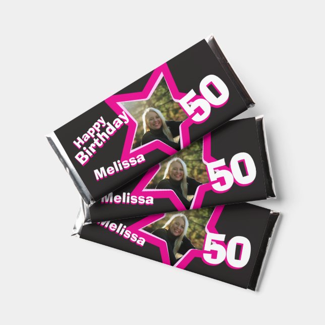 50th birthday photo star black pink chocolate bar (Front)