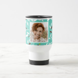 50th birthday photo teal botanical retro travel mug