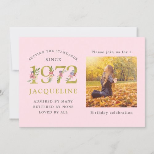 50th Birthday Photo Template 1972 Pink Invitation