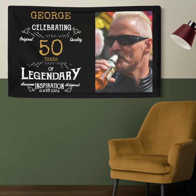 50th Birthday Photo Template Legendary Banner (Custom 50th birthday wall banner hanging on a two tone green wall.)