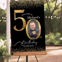 50th Birthday Photo Welcome Sign, Black & Gold