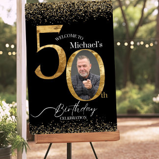 50th Birthday Photo Welcome Sign, Black & Gold Foam Board