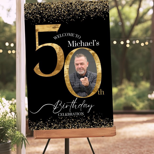 50th Birthday Photo Welcome Sign, Black & Gold Foam Board (Creator Uploaded)