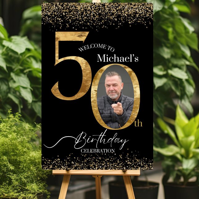 50th Birthday Photo Welcome Sign, Black & Gold Par Foam Board (Creator Uploaded)