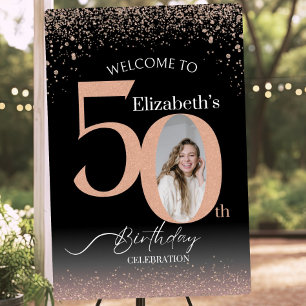 50th Birthday Photo Welcome Sign: Rose Gold Glitte Foam Board