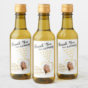 50th Birthday Photo White Black Gold Thank You Wine Label