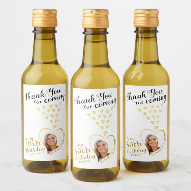 50th Birthday Photo White Black Gold Thank You Wine Label (Bottles)