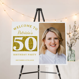 50th Birthday Photo White Gold Glitter Welcome Foam Board