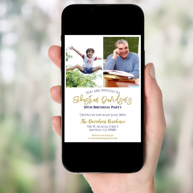 50th Birthday Photograph Gold Blue Invitation (Front Digital)