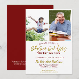 50th Birthday Photograph Gold Red Invitation
