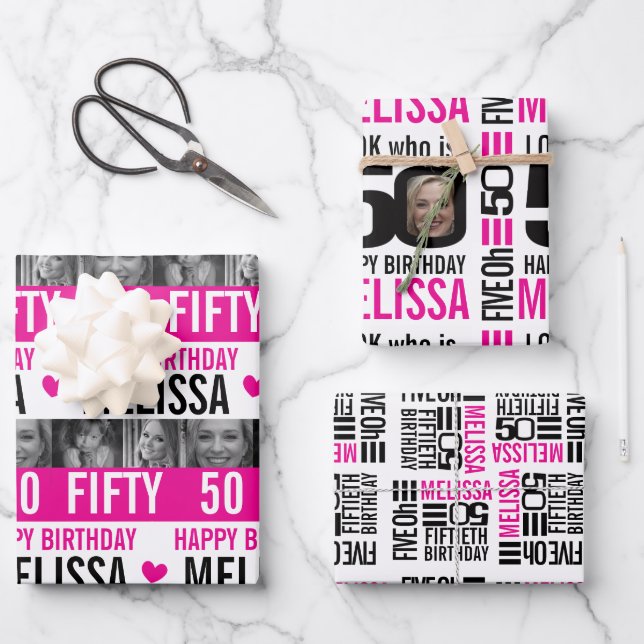 50th birthday photos black white hot pink wrapping paper sheets (Front)