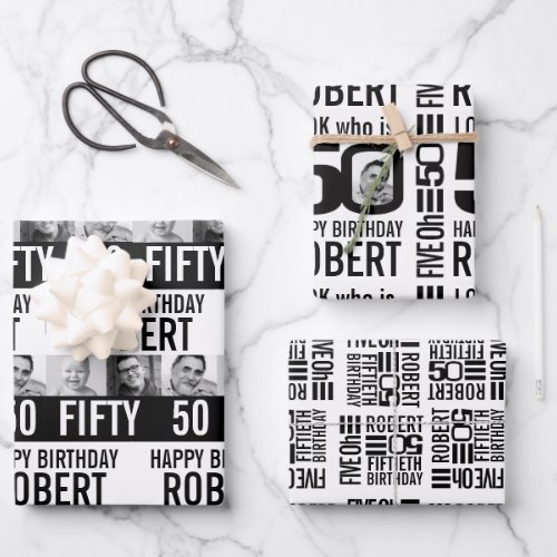 50th birthday photos mono black white wrapping paper sheets