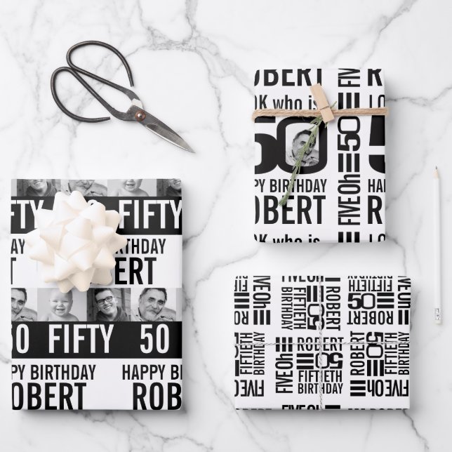 50th birthday photos mono black white wrapping paper sheets (Front)