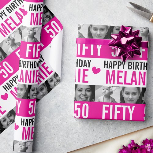 50th birthday photos pink black white stripe wrapping paper