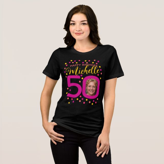 50th birthday photos pink yellow confetti dots Tri-Blend shirt (Front Full)