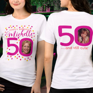 50th birthday photos pink yellow confetti dots Tri-Blend shirt
