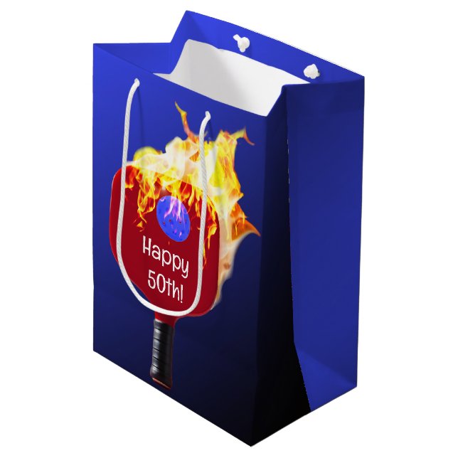 50th Birthday Pickleball Paddle On Fire Medium Gift Bag (Front Angled)