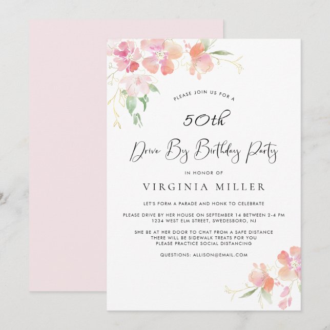 50th Birthday Pink and Gold Floral Drive By Party Invitation (Front/Back)