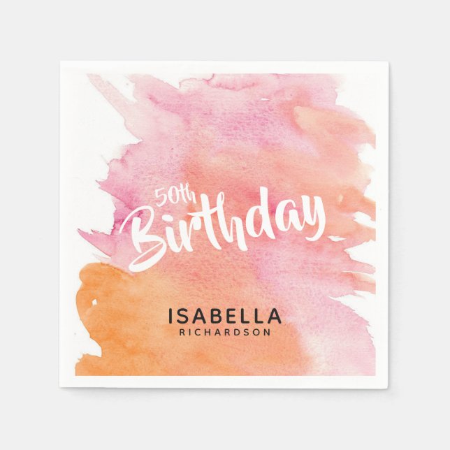50th Birthday Pink and Orange Watercolor Paper Napkins (Front)