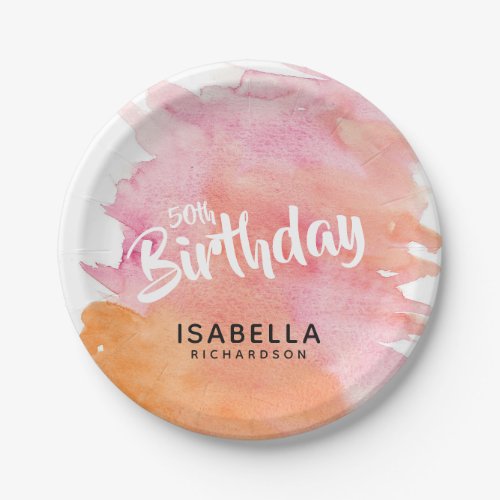 50th Birthday Pink and Orange Watercolor Paper Plates