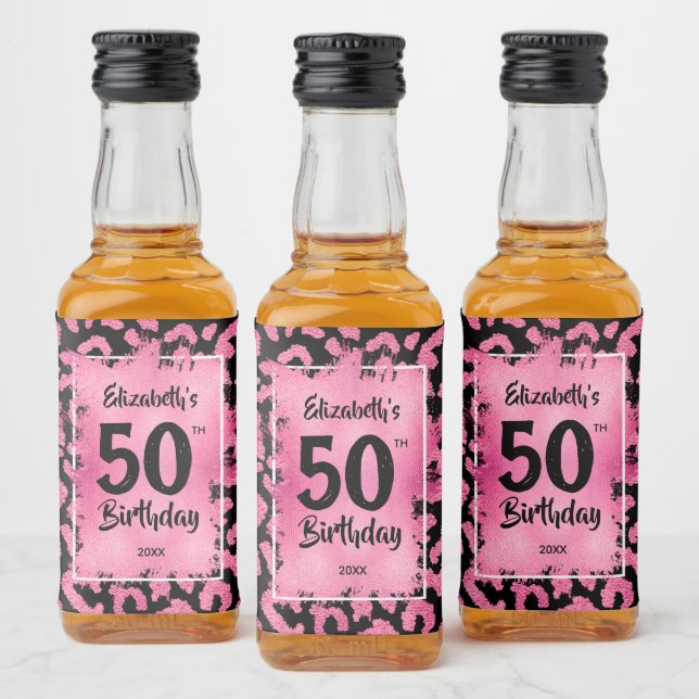 50th Birthday Pink Black Leopard Mini Liquor Bottle Label (Bottles)