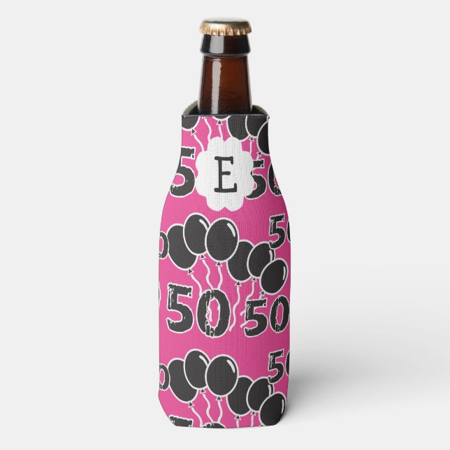 50th Birthday PINK BLACK Monogrammed Personalized Bottle Cooler (Bottle Front)