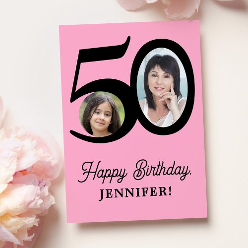 50th birthday pink black photo personalized card