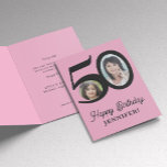 50th birthday pink black photo personalized card<br><div class="desc">Trendy bold typography 50 years woman birthday funny unique folded greeting card template with 2 photos and modern retro style script. Easy to personalize with your text and pictures on both sides. Digital download available.</div>