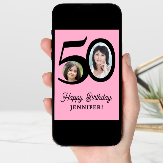 50th birthday pink black photo personalized card (Front Digital)