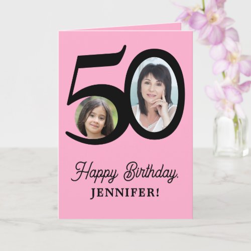 50th birthday pink black photo personalized card