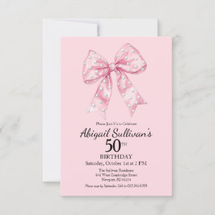 50th Birthday Pink Bow with Golf Ball Polka Dots Invitation