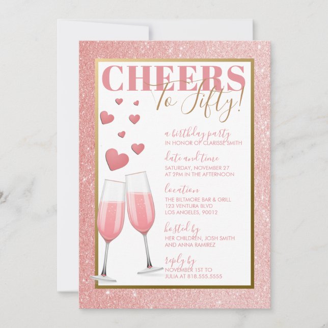 50TH BIRTHDAY | PINK CHAMPAGNE INVITATION (Front)