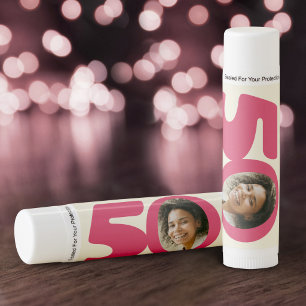 50th Birthday pink cream 50 name photo gift favor Lip Balm